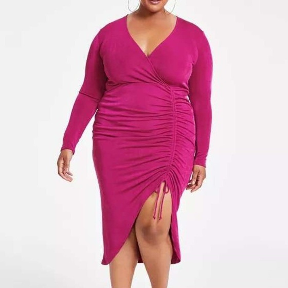 NWT Nina Parker Ruched Slinky Dress Sangria V-Neck Long Sleeve Knit Bodycon 0X
